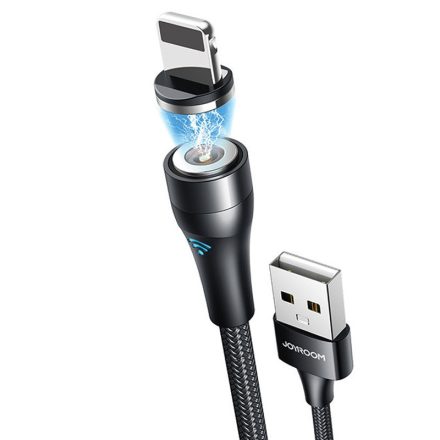 USB töltő- és adatkábel, Lightning, 100 cm, 2100 mA, mágneses, LED-es, gyorstöltés, cipőfűző minta, Joyroom N52, S-1021X1, fekete