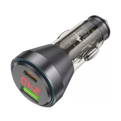   Hoco NZ12B autós töltő USB QC 18W + Type-C, 30W, digitális kijelzővel, (PD48W) átlátszó / fekete