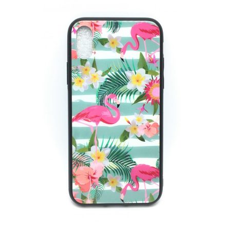 PM - Apple iPhone X/XS Üveges Mintás Tok - Virágos Flamingó