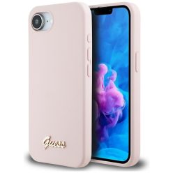   Guess Silicone Script Metal Logo Apple iPhone 16e MagSafe szilikon tok, rózsaszín