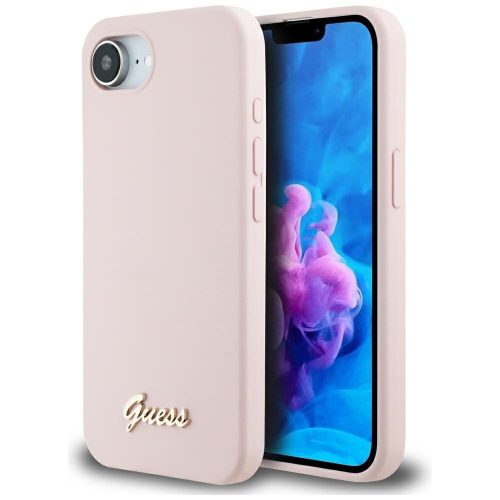 Guess Silicone Script Metal Logo Apple iPhone 16e MagSafe szilikon tok, rózsaszín
