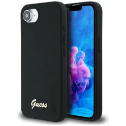   Guess Silicone Script Metal Logo Apple iPhone 16e MagSafe szilikon tok, fekete