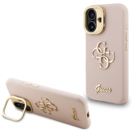 Guess PU Grained 4G Logo Stand Camera Frame iPhone 16 hátlap tok kitámasztóval, rózsaszín