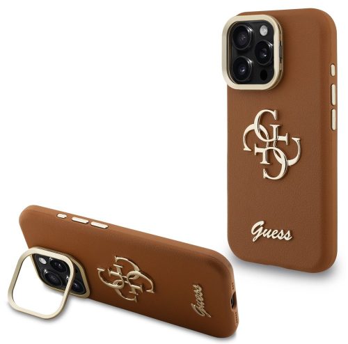Guess PU Grained 4G Logo Stand Camera Frame iPhone 15 Pro Max hátlap tok kitámasztóval, barna