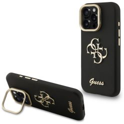   Guess PU Grained 4G Logo Stand Camera Frame iPhone 16 Pro hátlap tok kitámasztóval, fekete