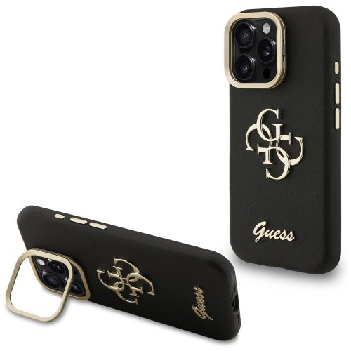 Guess PU Grained 4G Logo Stand Camera Frame iPhone 16 Pro hátlap tok kitámasztóval, fekete
