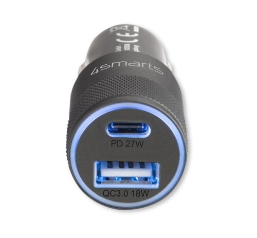4smarts Rapid+ autós szivargyújtó gyorstöltő, USB-C + USB, PD, 27W, szürke