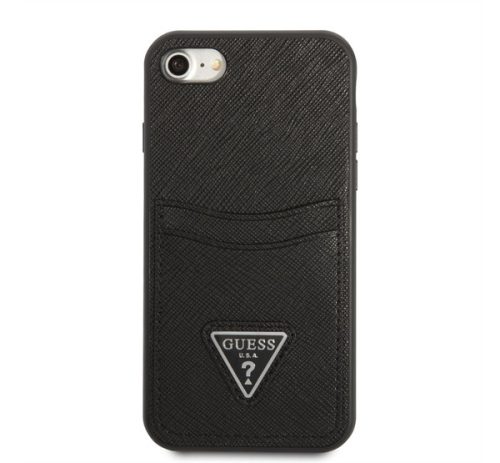 Guess Saffiano Double Card Apple iPhone SE 2022/2020/8/7 bőr hátlap tok, fekete