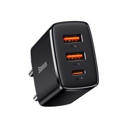   Baseus Compact gyorstöltő adapter 30W USB-C + 2XUSB-A, fekete