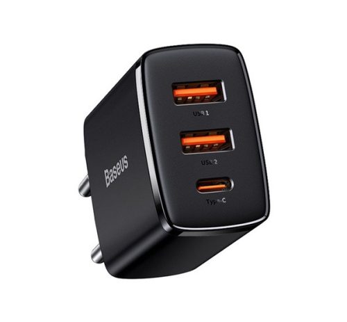 Baseus Compact gyorstöltő adapter 30W USB-C + 2XUSB-A, fekete