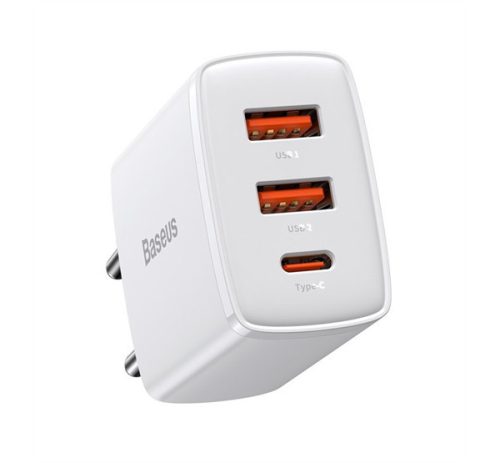Baseus Compact gyorstöltő adapter 30W USB-C + 2XUSB-A, fehér