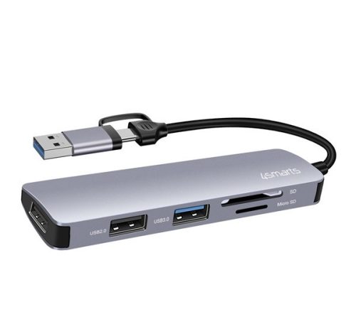 4smarts USB-A/USB-C Hub, 5-in-1, 2XUSB-A 2.0, 1XUSB-A 3.0, kártyaolvasó