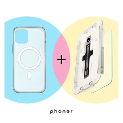   Phoner Mag Pack Apple iPhone 14 Pro Magsafe tok, átlátszó + Master Clear Felhelyező keretes Tempered fólia