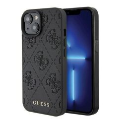 Guess Leather 4G Stamped Apple iPhone 15 hátlap tok, fekete