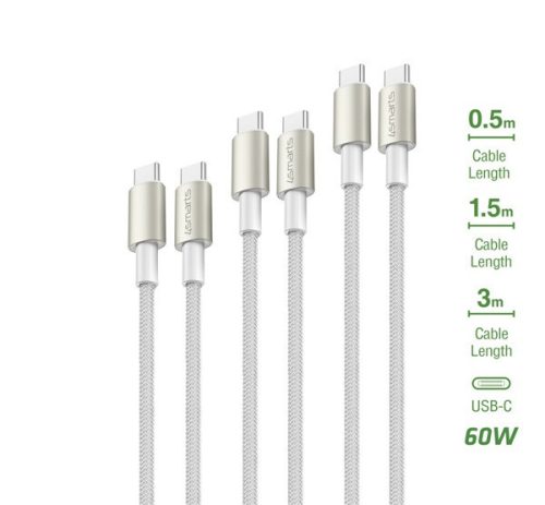 4smarts PremiumCord USB-C / USB-C töltő- és adatkábel szett,  60W, 3x0.5M+1.5M+3M, fehér / ezüst
