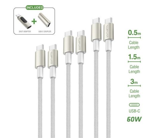 4smarts PremiumCord USB-C töltő- és adatkábel szett adapterrel, átalakítóval, 60W, 0.5+1.5+3M, fehér / ezüst