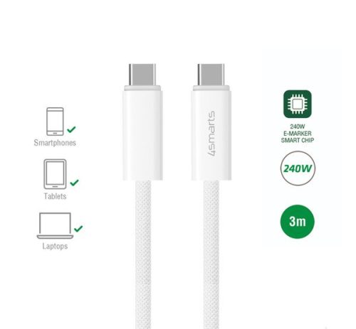 4smarts PremiumCord USB / USB-C töltő- és adatkábel, 240W, 3m, fehér