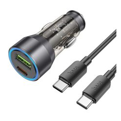  Hoco NZ12A autós töltő USB QC 18W + Type-C, 25W + Type C - Type C kábel,  (PD43W)  átlátszó / fekete
