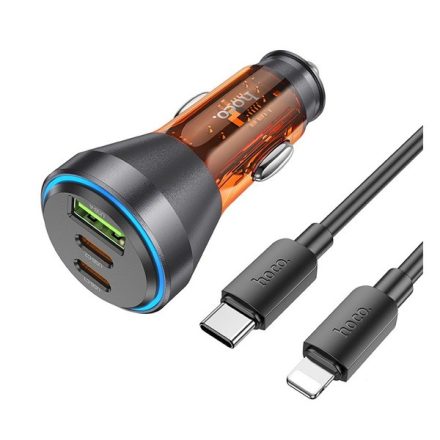 Hoco NZ12D autós töltő USB QC 18W + 2 x Type-C 30W,  + Type C - Lightning kábel, (PD60W) átlátszó / narancssárga