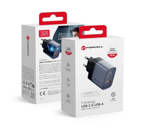 Forcell hálózati gyorstöltő USB-C + USB-A, PD + QC 4.0, 4A, 45W, kék