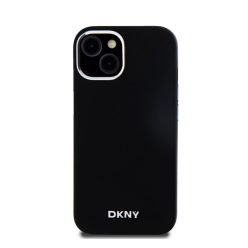   DKNY Liquid Silicone Silver Metal Logo Magsafe iPhone 15 hátlap tok, fekete