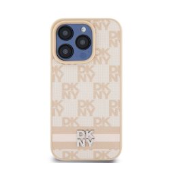   DKNY PU Leather Checkered Pattern and Stripe iPhone 14 Pro hátlap tok, rózsaszín