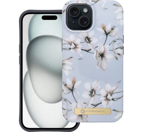 Forcell F-Protect Mirage Apple Iphone 15 Magsafe kompatibilis hátlap tok, tavaszi virágok, levander szürke