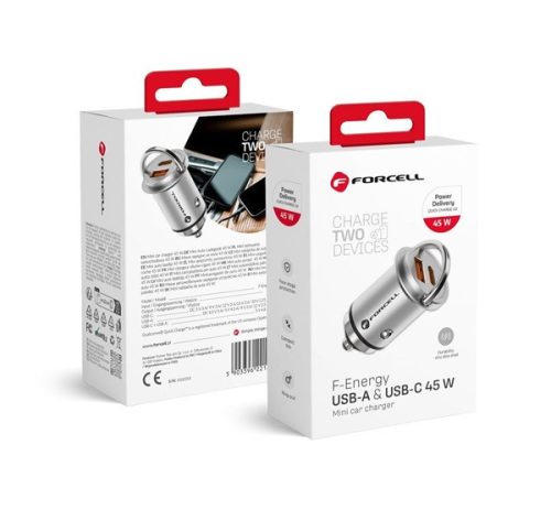 Forcell F-energy Mini autós szivargyújtó töltő USB-C, PD, QC3.0, 45W, ezüst