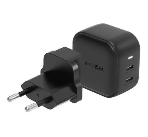 Energea Travelite GAN45 2xUSB-C utazó gyorstöltő adapter, (PD-PPS) 45W, fekete (US/EU)