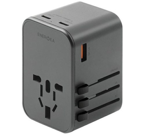 Energea Travelworld GaN65 4in1 1xUSB-A/ 2xUSB-C utazó gyorsöltő adapter, (PD-PPS-QC 3.0) 65W, szürke (US/UA/EU/UK)