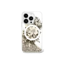   Guess Liquid Glitter Flower iPhone 16 Pro MagSafe kemény hátlap tok, bézs GUHMP16LLFMWTE