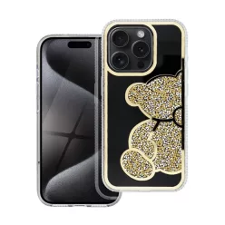 Teddy Bear iPhone 15 Pro csillogó köves tok, arany