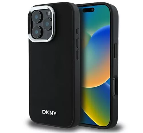 DKNY Plain Silver Logo iPhone 16 Pro Max MagSafe hátlap tok, fekete DKHMP16XPSCMCLK