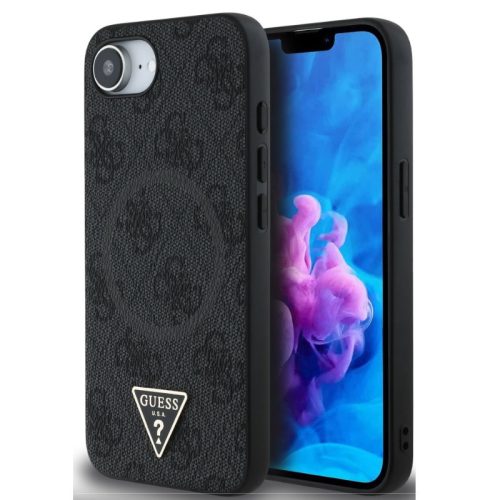 Guess PU 4G Strass Triangle Metal Logo Apple iPhone 17e / iPhone 16e MagSafe hátlap tok, fekete