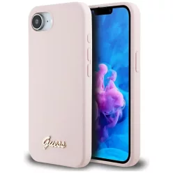   Guess Silicone Script Metal Logo Apple iPhone 17e / iPhone 16e MagSafe szilikon tok, rózsaszín