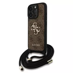   Guess PU 4G Metal Logo Crossbody Strap iPhone 16 Pro hátlap tok, barna