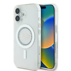   Guess IML Rhinestones MagSafe iPhone 16 kemény hátlap tok, fehér