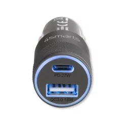   4smarts Rapid+ autós szivargyújtó gyorstöltő, USB-C + USB, PD, 27W, szürke