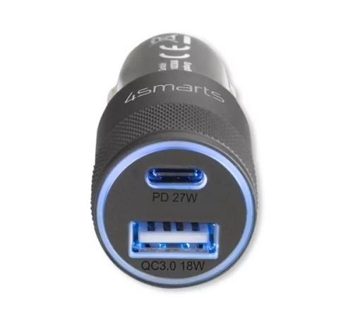 4smarts Rapid+ autós szivargyújtó gyorstöltő, USB-C + USB, PD, 27W, szürke