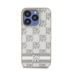   DKNY PU Leather Checkered Pattern and Stripe Apple iPhone 15 Pro tok, bézs