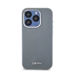   DKNY Liquid Silicone Silver Metal Logo Magsafe iPhone 15 Pro hátlap tok, szürke