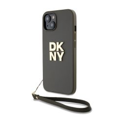   DKNY PU Leather Stack Logo Apple iPhone 15 hátlap tok csuklópánttal, barna