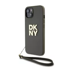   DKNY PU Leather Stack Logo Apple iPhone 15 hátlap tok csuklópánttal, barna
