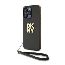   DKNY PU Leather Stack Logo Apple iPhone 15 Pro hátlap tok csuklópánttal, barna