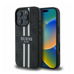   Guess 4G Printed Stripes MagSafe Apple iPhone 16 Pro Max hátlap tok, fekete/barna GUHMP16XP4RPSK