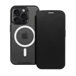   Apple iPhone 13 Pro Max, Oldalra nyíló tok, kártyatartóval, átlátszó hátlap, Magsafe kompatibilis, Smart Mag, fekete