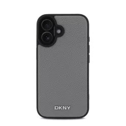   DKNY PU Leather Silver Metal Logo iPhone 16 MagSafe tok, szürke
