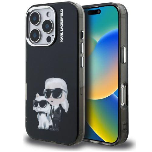 Karl Lagerfeld IML Aquarelle Karl and Choupette iPhone 16 Pro hátlap tok, fekete