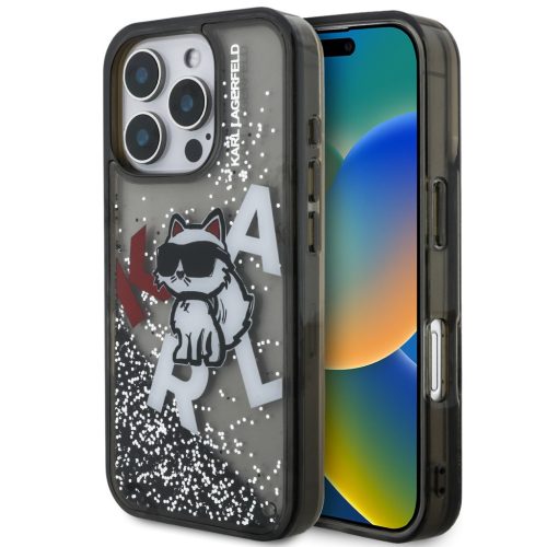Karl Lagerfeld Liquid Glitter Scattered Choupette iPhone 16 Pro hátlap tok, fekete