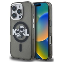  Karl Lagerfeld IML Glitter Karl and Choupette Sketch iPhone 16 Pro MagSafe kompatibilis hátlap tok, fekete